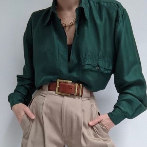 Vintage Silk Green Button Down Blouse Collar Long Sleeve Lightweight - Picture 1 of 14